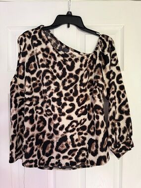 Leopard Print One-Shoulder Women's Top - Beige & Black